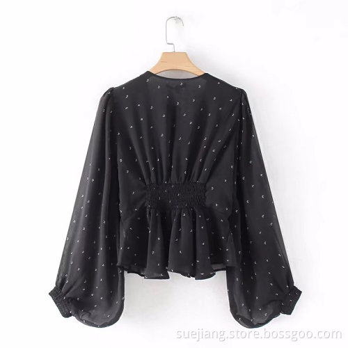 American Women's Printed Lace-up Long Sleeve Shirt